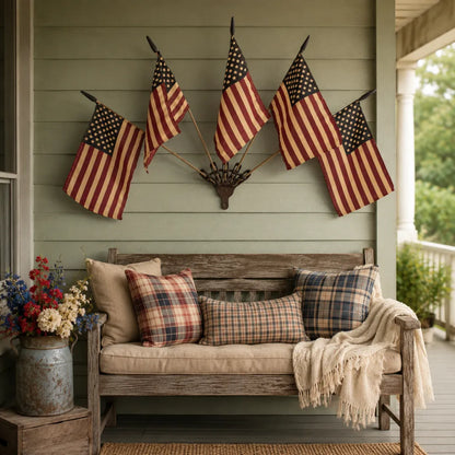 Five Tea-Stained Flags In A Rustic Cast Iron Wall Display