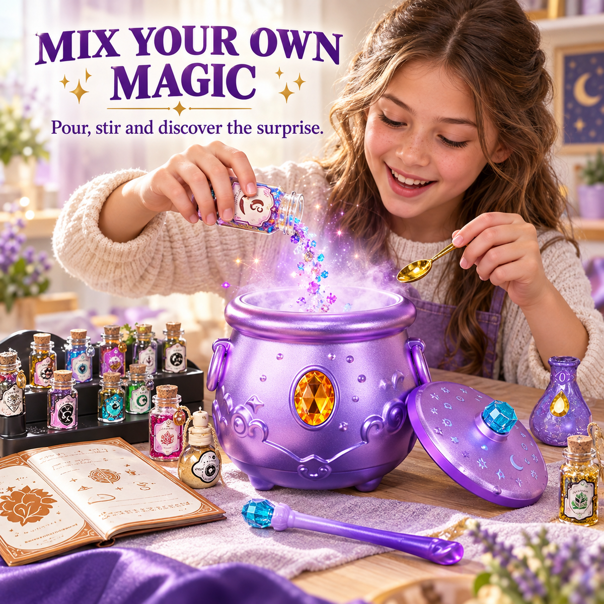 ✨ Deluxe Magic Potion-Making Kit for Kids – Light, Sound & Mist Cauldron with 12 Zodiac Potions