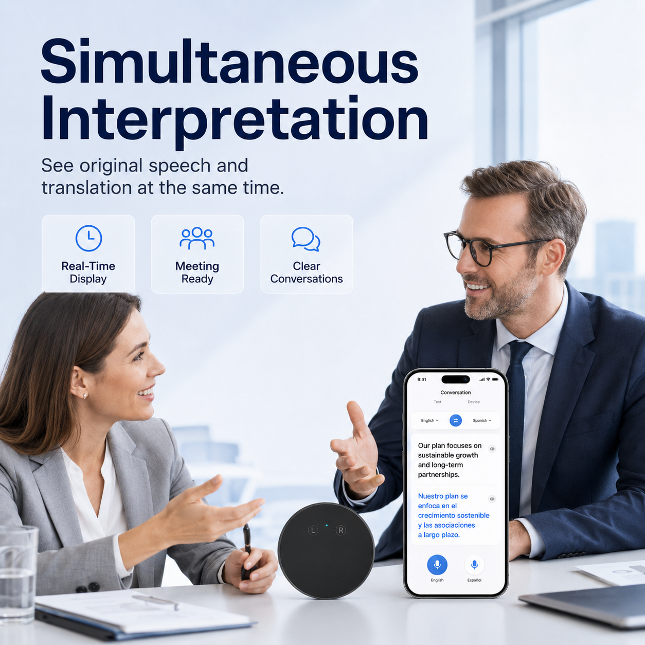 Business professionals using simultaneous interpretation with original and translated text