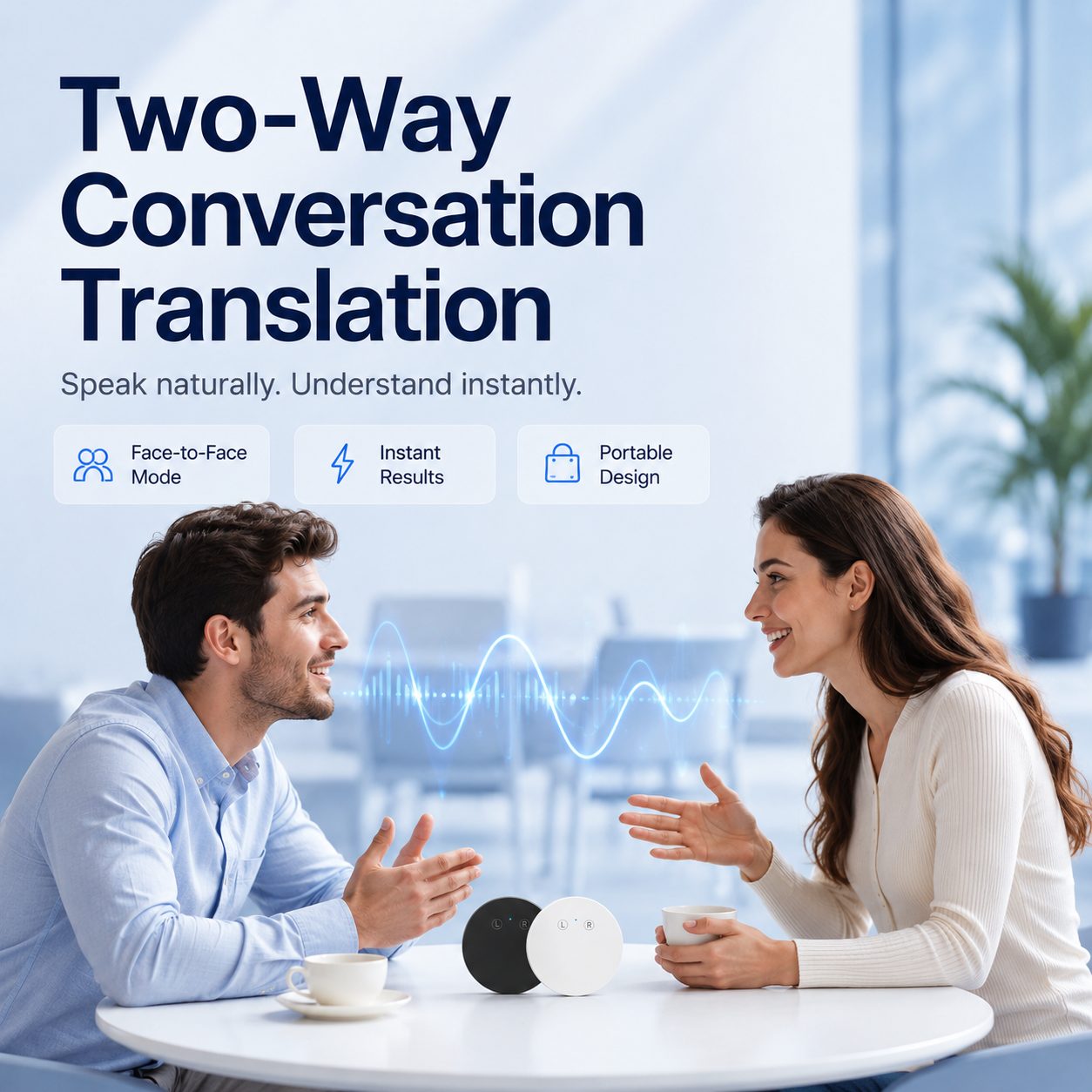Two people using the AI Pocket Translator for a two-way conversation