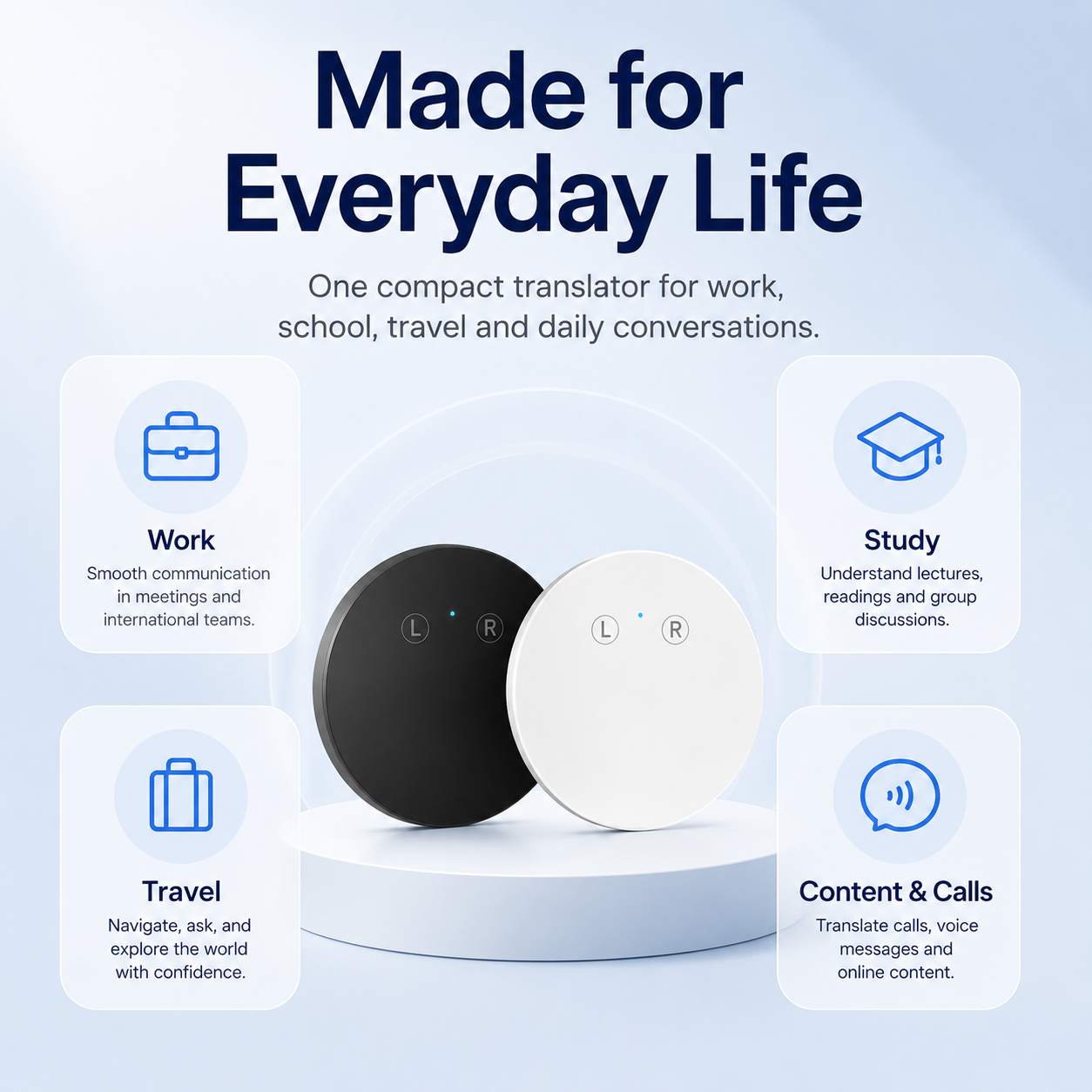 Black and white AI Pocket Translators for work, study, travel, content and calls
