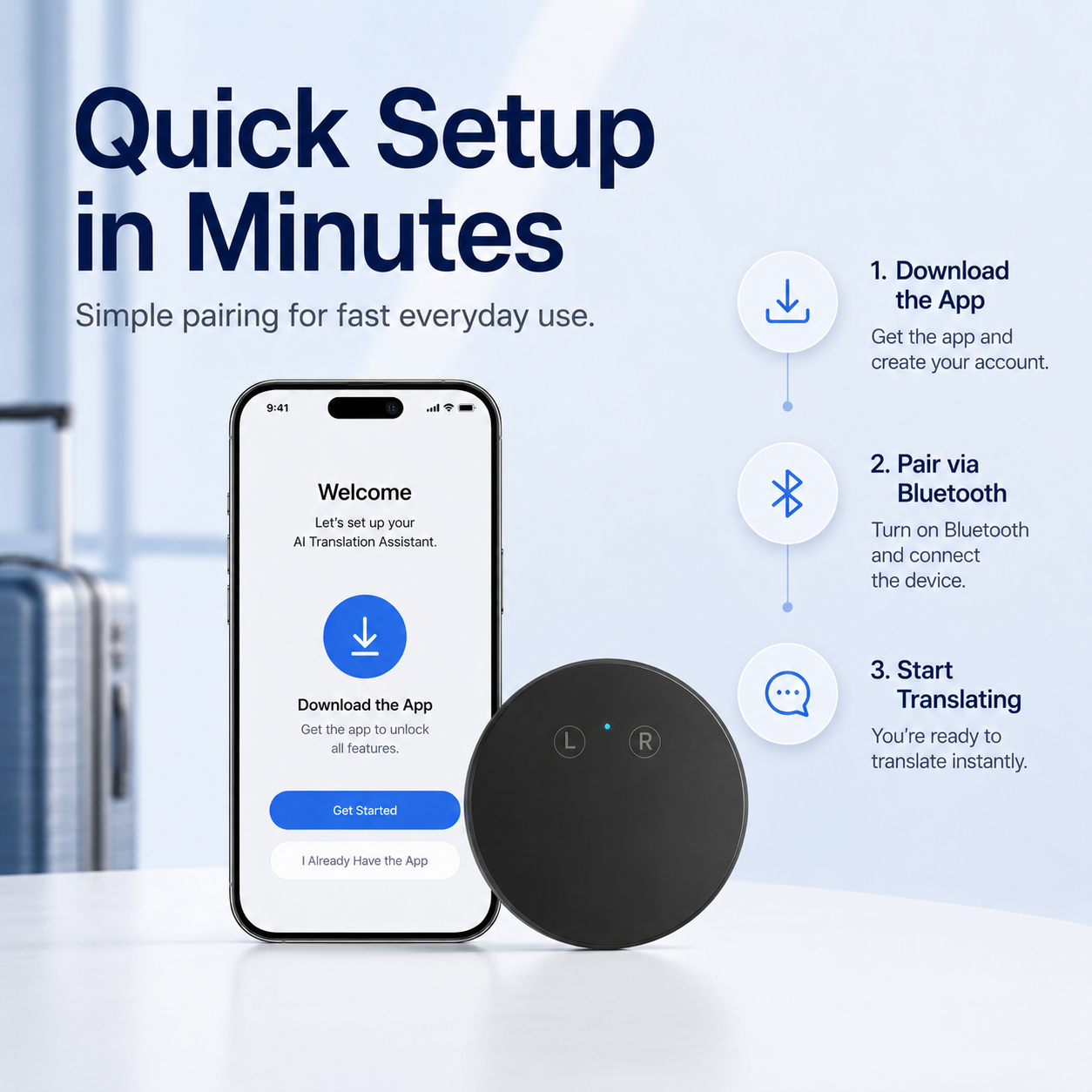 Three-step app download, Bluetooth pairing and translation setup guide