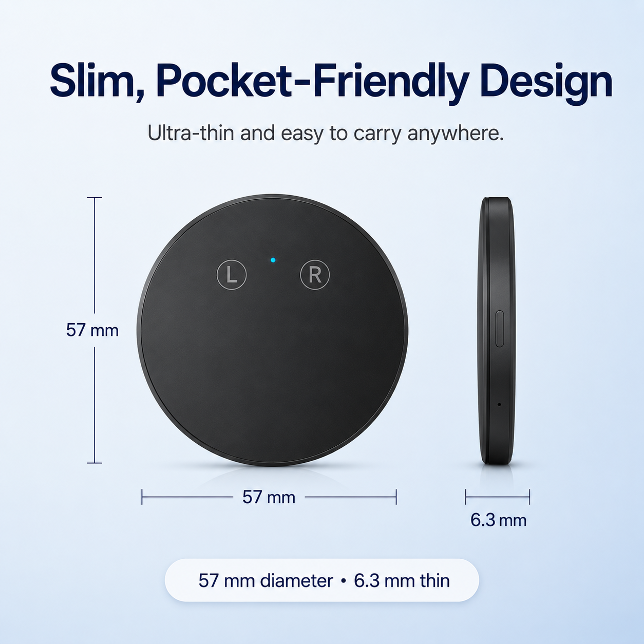 AI Pocket Translator dimensions showing 57 millimeter diameter and 6.3 millimeter thickness