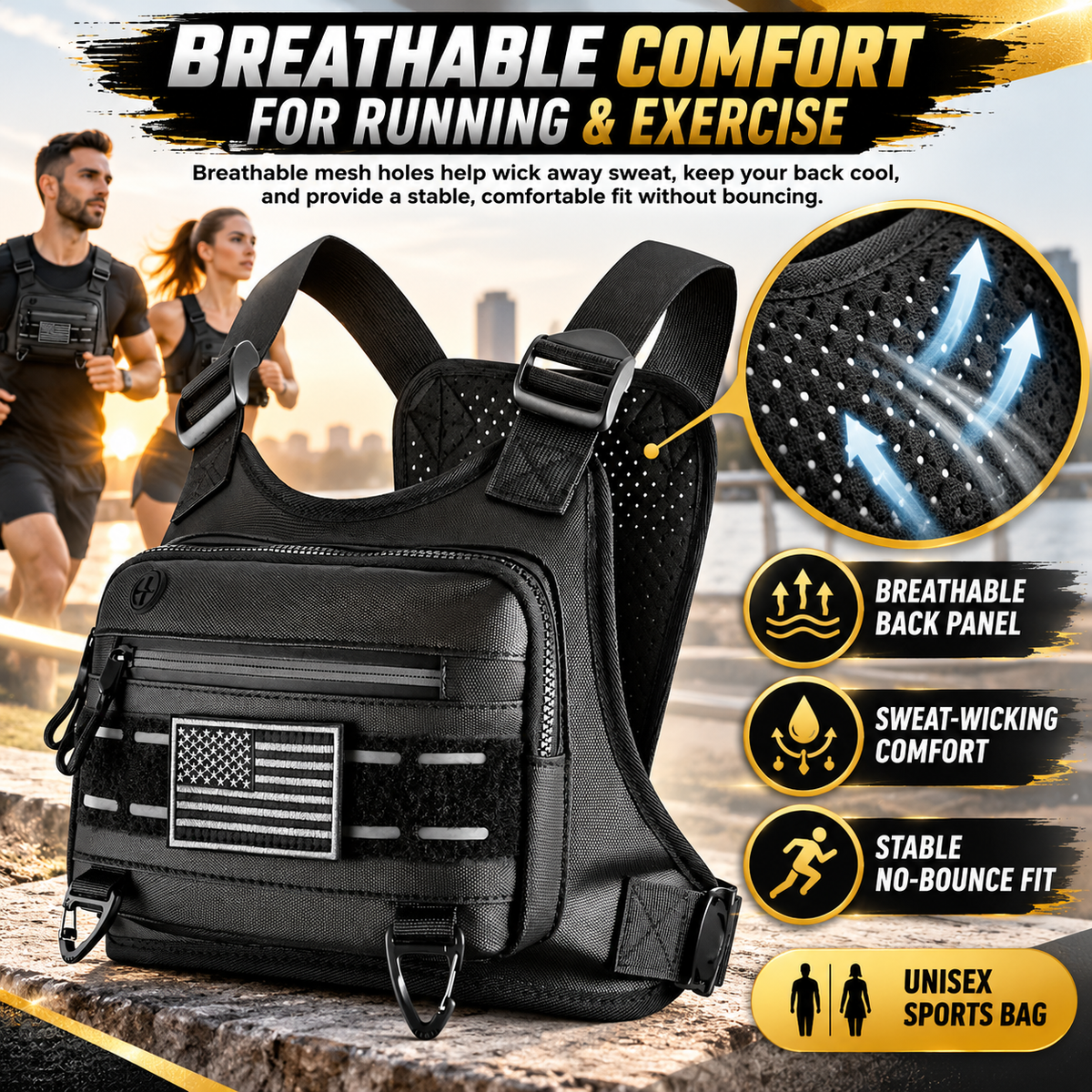 Black Unisex Tactical Chest Vest - Gorpcore Accessory with American Flag Patch, Ample Space