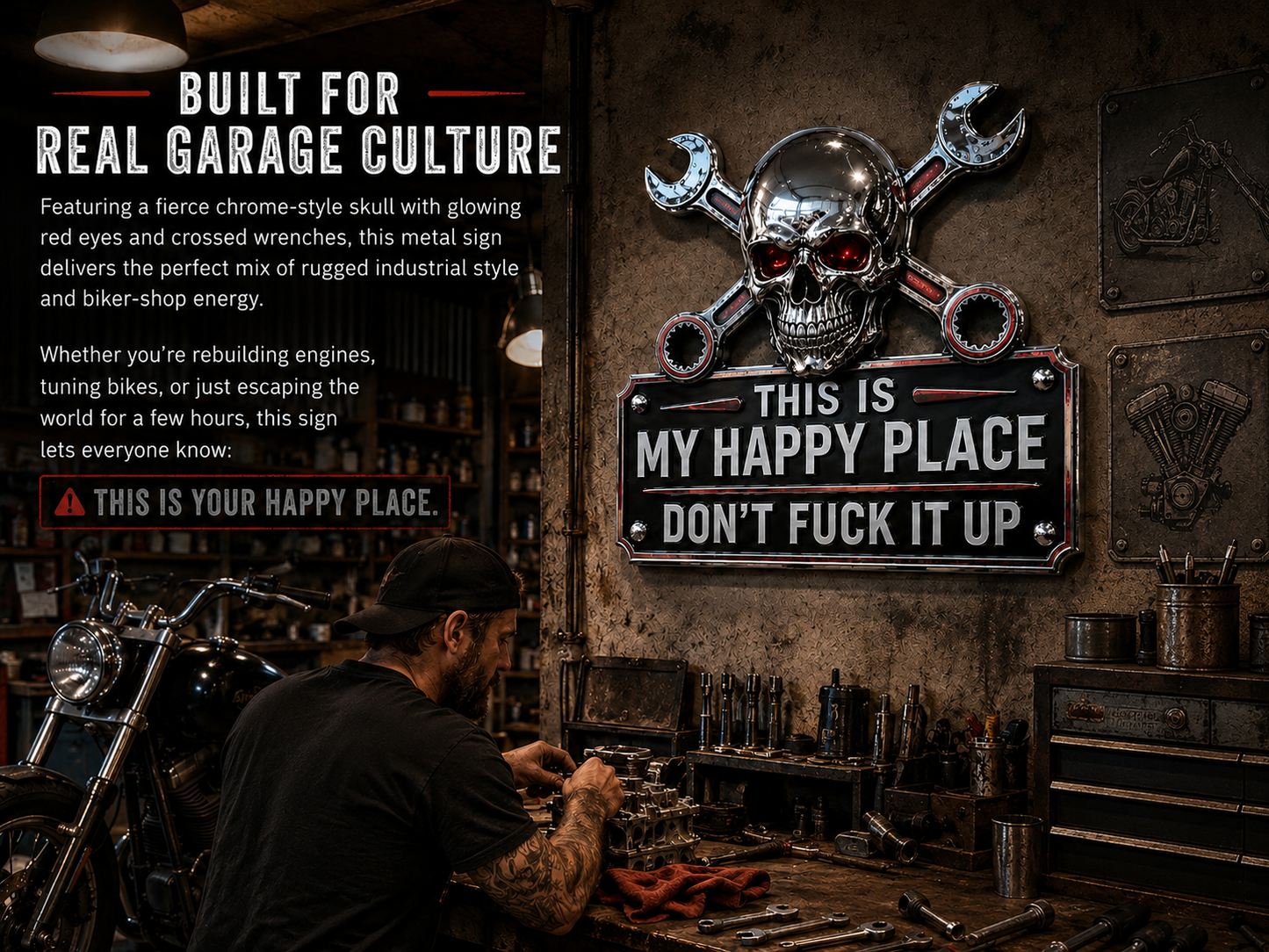 💀"This Is My Happy Place" Garage Wall Sign
