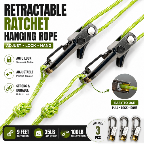 Retractable Ratchet Hanging Rope – Adjustable Locking Rope for Camping & Home Use.