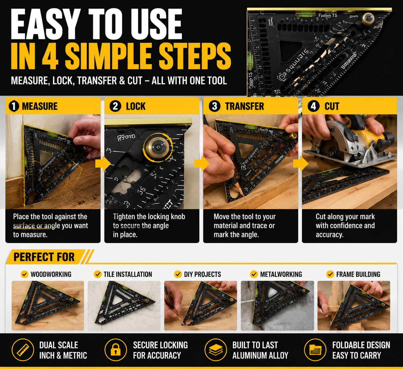 📐  Multi-Angle Measuring Tool – Foldable Ruler for Accurate Measurements, Carpentry & DIY Projects