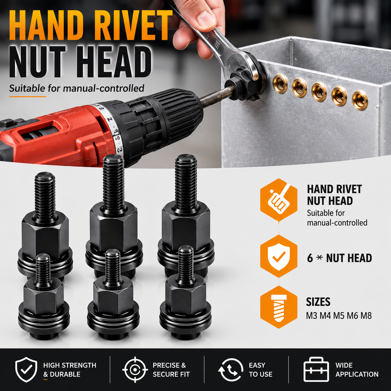 Head Rivet Nut Tool-M3 M4 M5 M6 M8 Rivnut Kit-Carbon Steel Rivnut Set.