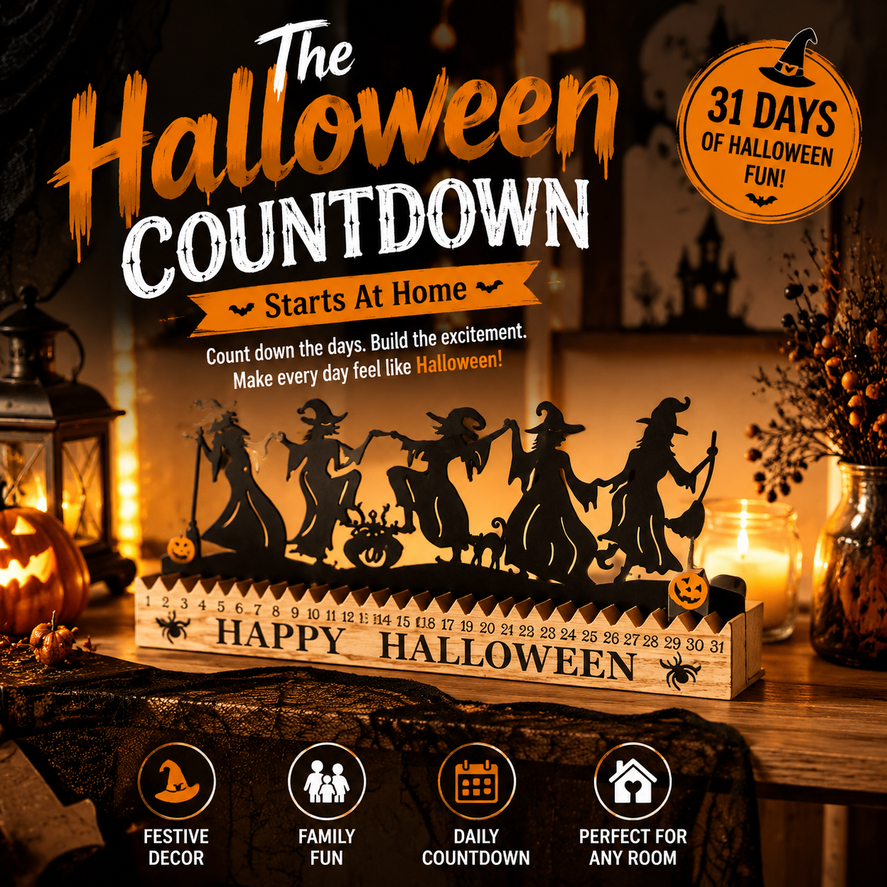 🎃 Halloween Countdown Decor – Wooden Dancing Witch Calendar for Home & Family Holiday Atmosphere