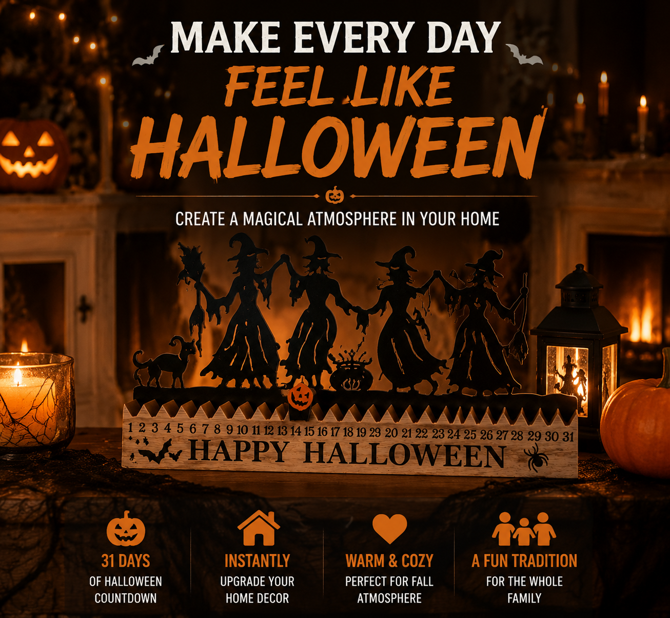 🎃 Halloween Countdown Decor – Wooden Dancing Witch Calendar for Home & Family Holiday Atmosphere