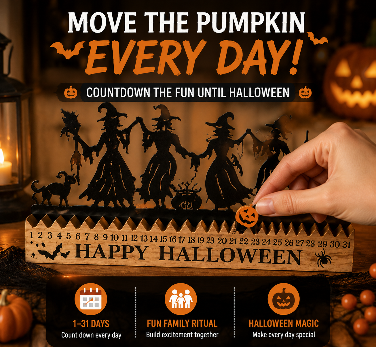 🎃 Halloween Countdown Decor – Wooden Dancing Witch Calendar for Home & Family Holiday Atmosphere