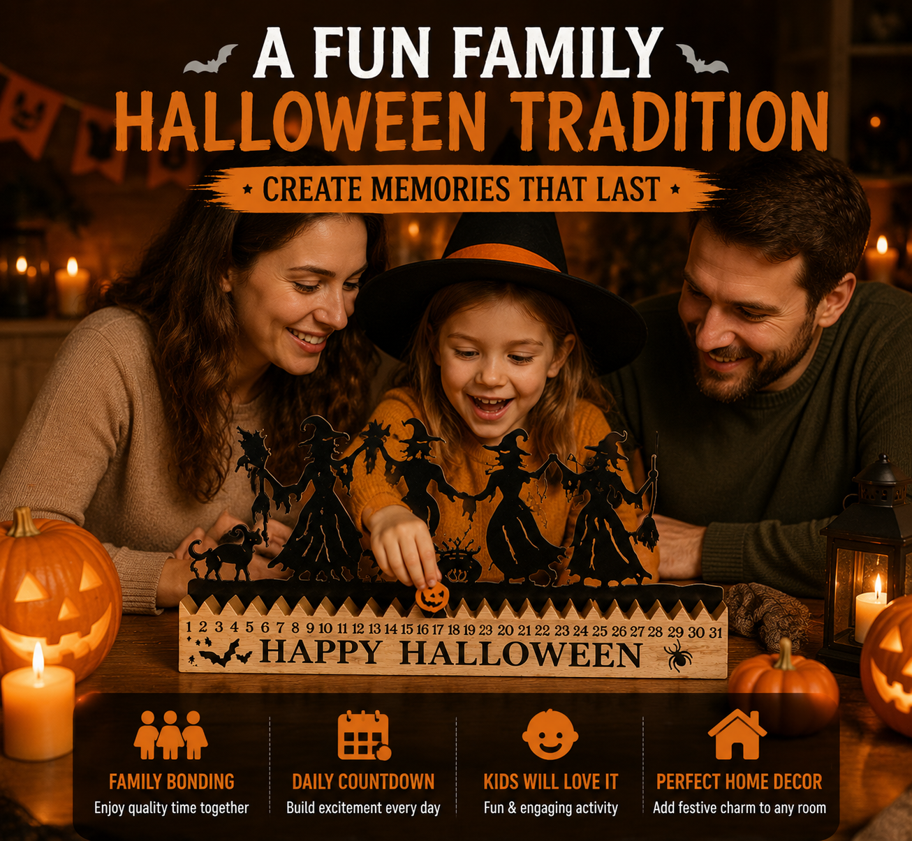 🎃 Halloween Countdown Decor – Wooden Dancing Witch Calendar for Home & Family Holiday Atmosphere