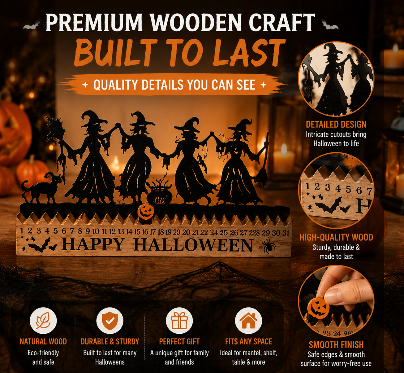🎃 Halloween Countdown Decor – Wooden Dancing Witch Calendar for Home & Family Holiday Atmosphere