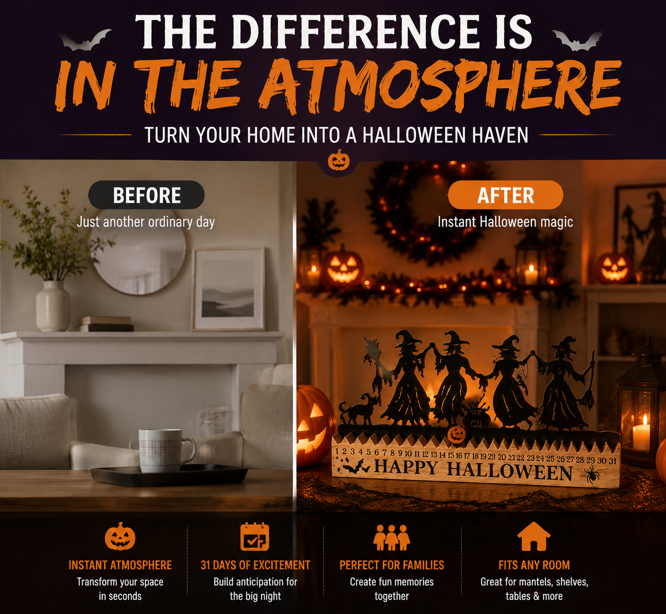 🎃 Halloween Countdown Decor – Wooden Dancing Witch Calendar for Home & Family Holiday Atmosphere