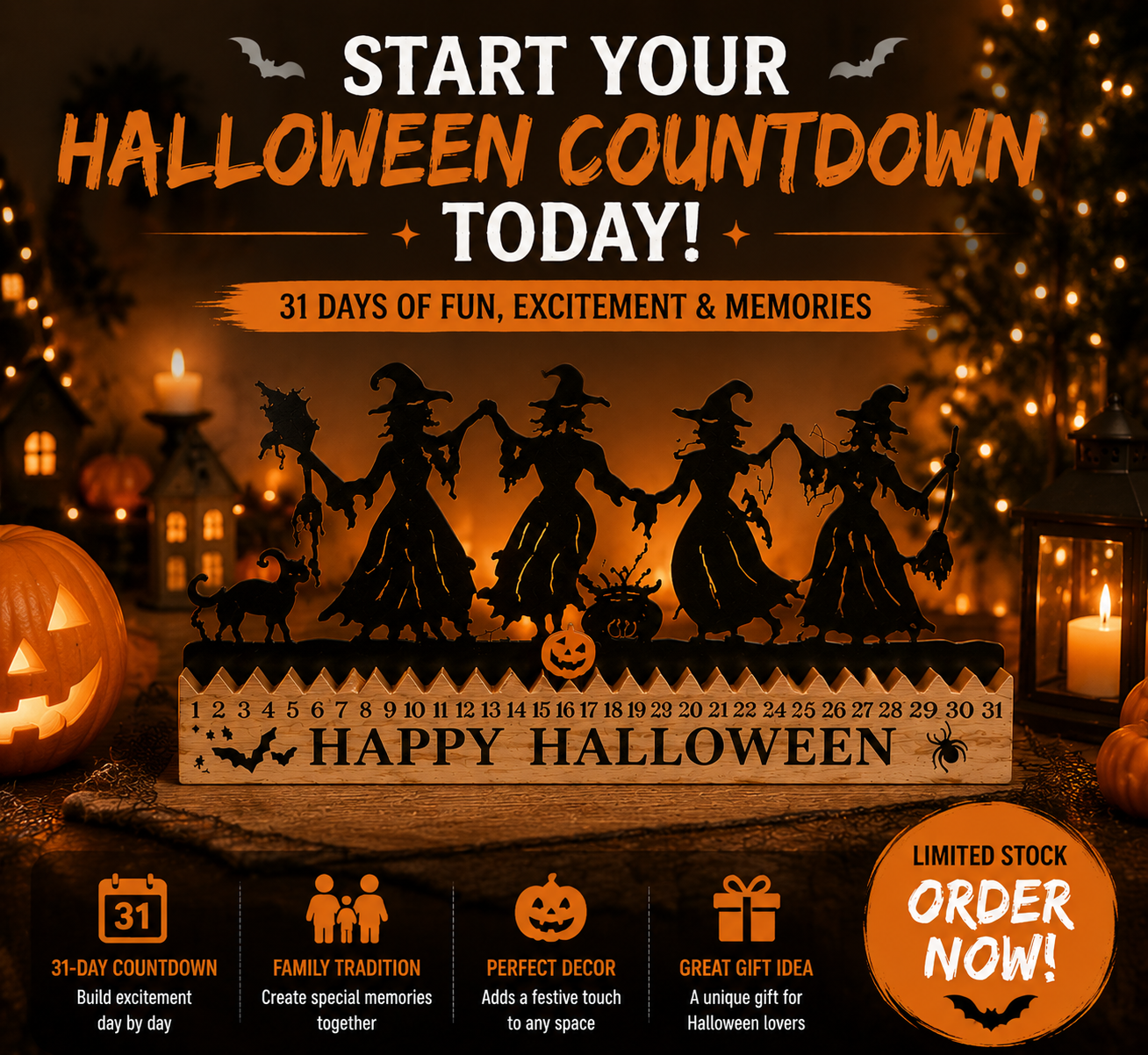 🎃 Halloween Countdown Decor – Wooden Dancing Witch Calendar for Home & Family Holiday Atmosphere