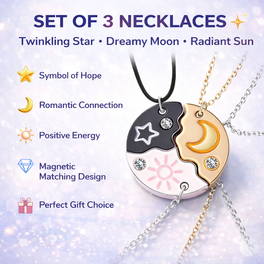 🎁Set of 3 Round Rhinestone Star Moon Sun Friendship Necklaces BFF Best Friends Forever Fantasy Cute Pendant for Unbreakable Friendship