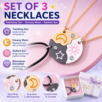 🎁Set of 3 Round Rhinestone Star Moon Sun Friendship Necklaces BFF Best Friends Forever Fantasy Cute Pendant for Unbreakable Friendship