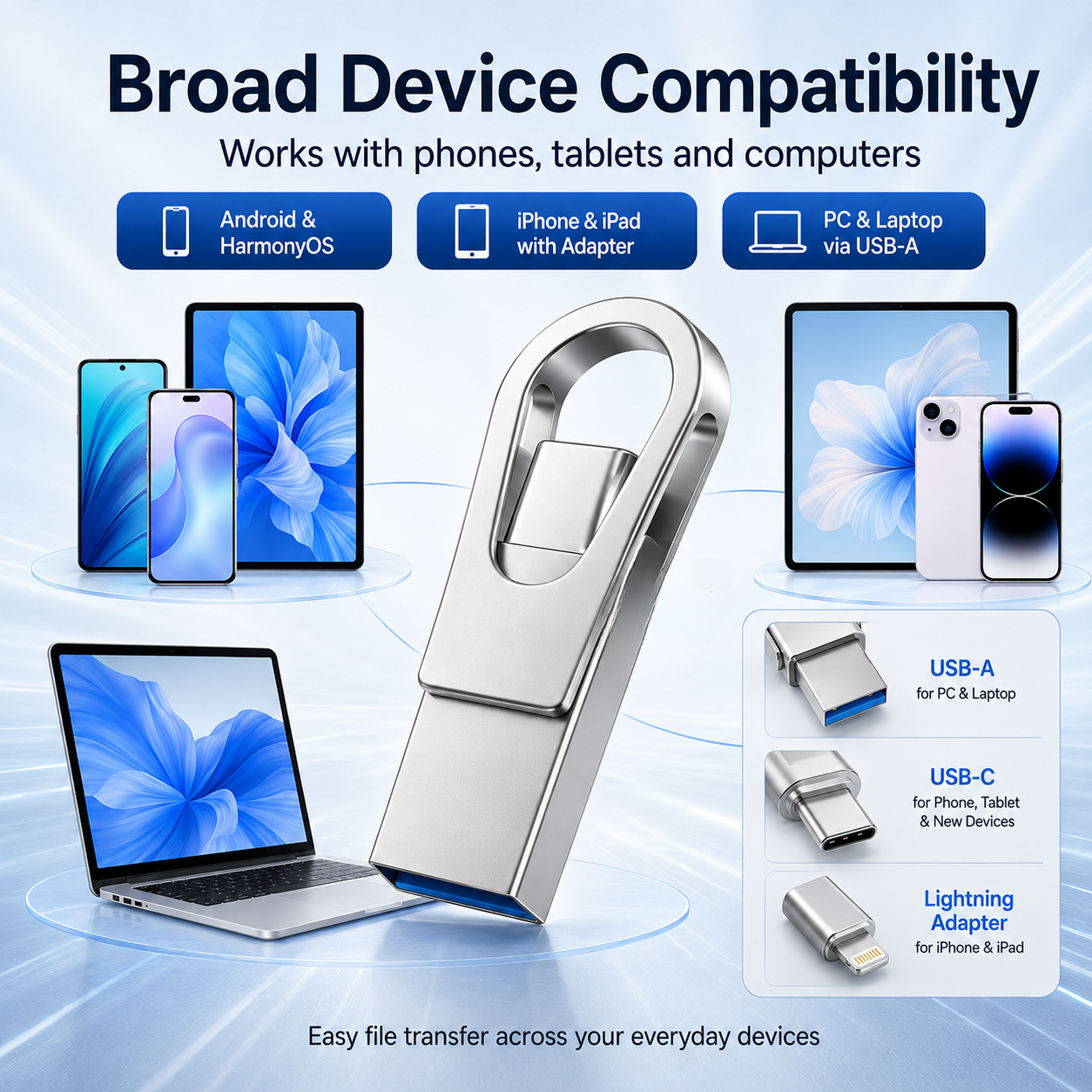 3-in-1 USB Flash Drive (USB-C + USB-A + Lightning) | High-Speed 3.0 for iPhone, Android & PC