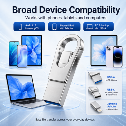 3-in-1 USB Flash Drive (USB-C + USB-A + Lightning) | High-Speed 3.0 for iPhone, Android & PC