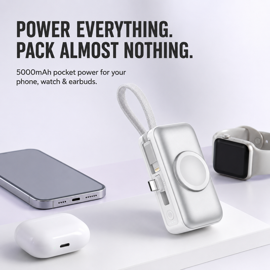 5000mAh 3-in-1 Mini Power Bank | Built-In Dual Connectors + Watch Charger + Phone Stand