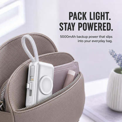 5000mAh 3-in-1 Mini Power Bank | Built-In Dual Connectors + Watch Charger + Phone Stand