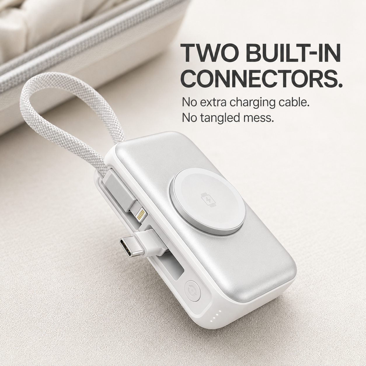 5000mAh 3-in-1 Mini Power Bank | Built-In Dual Connectors + Watch Charger + Phone Stand