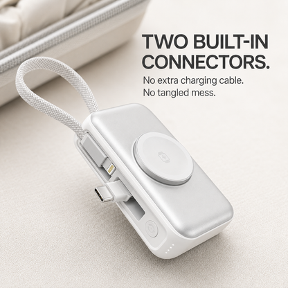 5000mAh 3-in-1 Mini Power Bank | Built-In Dual Connectors + Watch Charger + Phone Stand