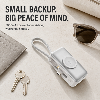 5000mAh 3-in-1 Mini Power Bank | Built-In Dual Connectors + Watch Charger + Phone Stand