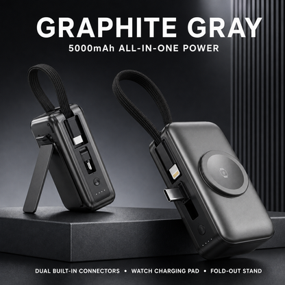 5000mAh 3-in-1 Mini Power Bank | Built-In Dual Connectors + Watch Charger + Phone Stand