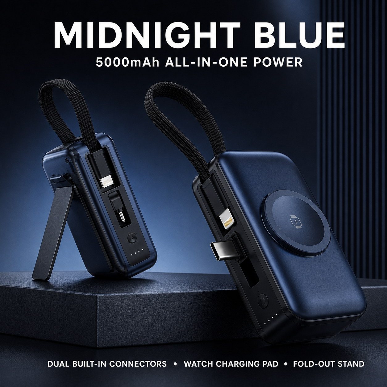 5000mAh 3-in-1 Mini Power Bank | Built-In Dual Connectors + Watch Charger + Phone Stand