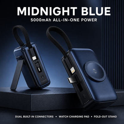 5000mAh 3-in-1 Mini Power Bank | Built-In Dual Connectors + Watch Charger + Phone Stand