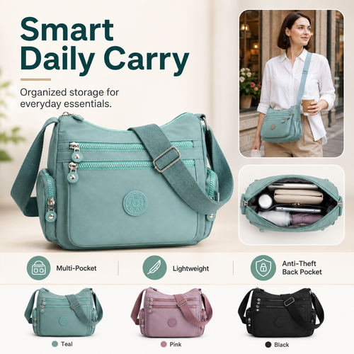 Multi-Pocket Crossbody Bag for Women – Lightweight Nylon Campus Shoulder Bag with Anti-Theft Pocket