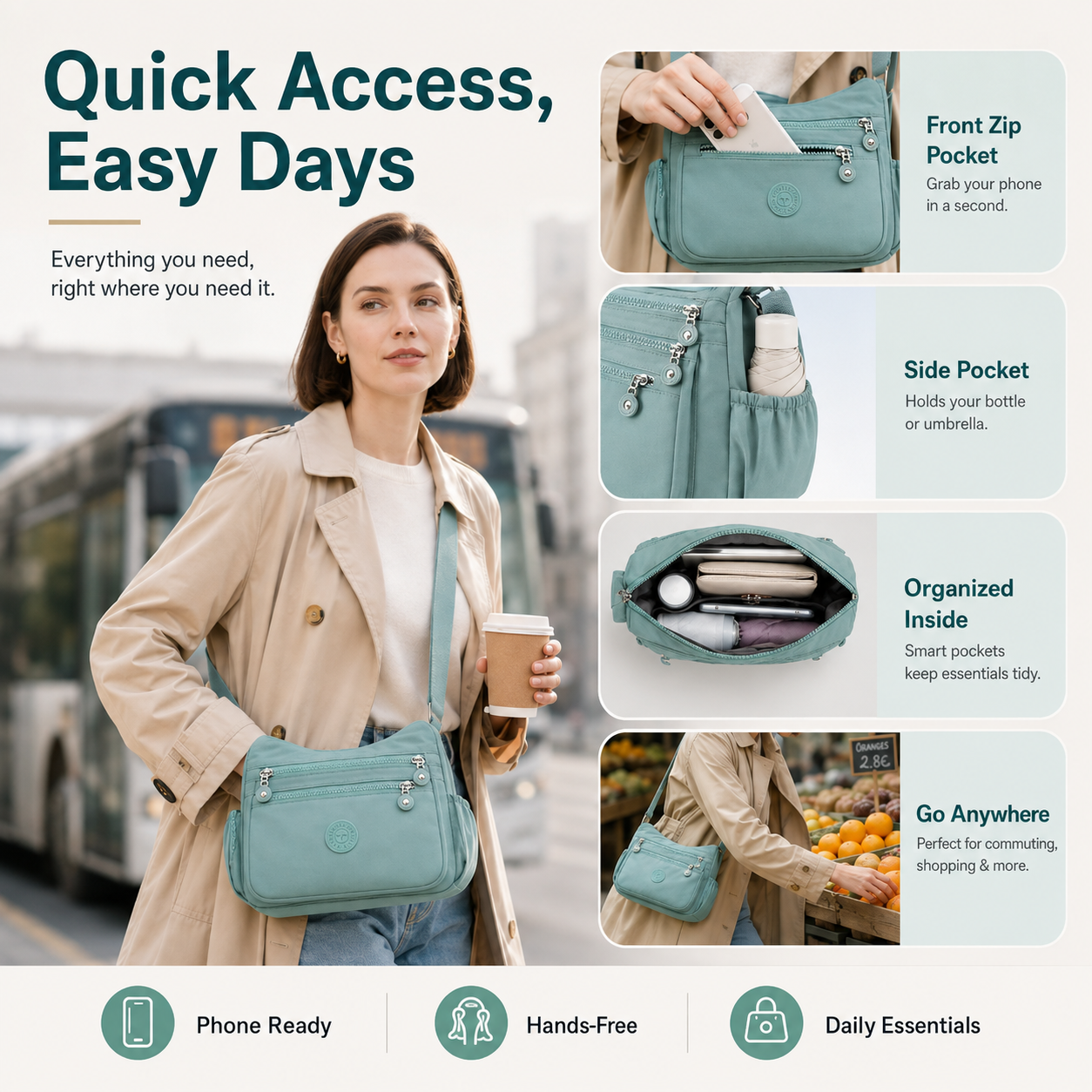 Multi-Pocket Crossbody Bag for Women – Lightweight Nylon Campus Shoulder Bag with Anti-Theft Pocket