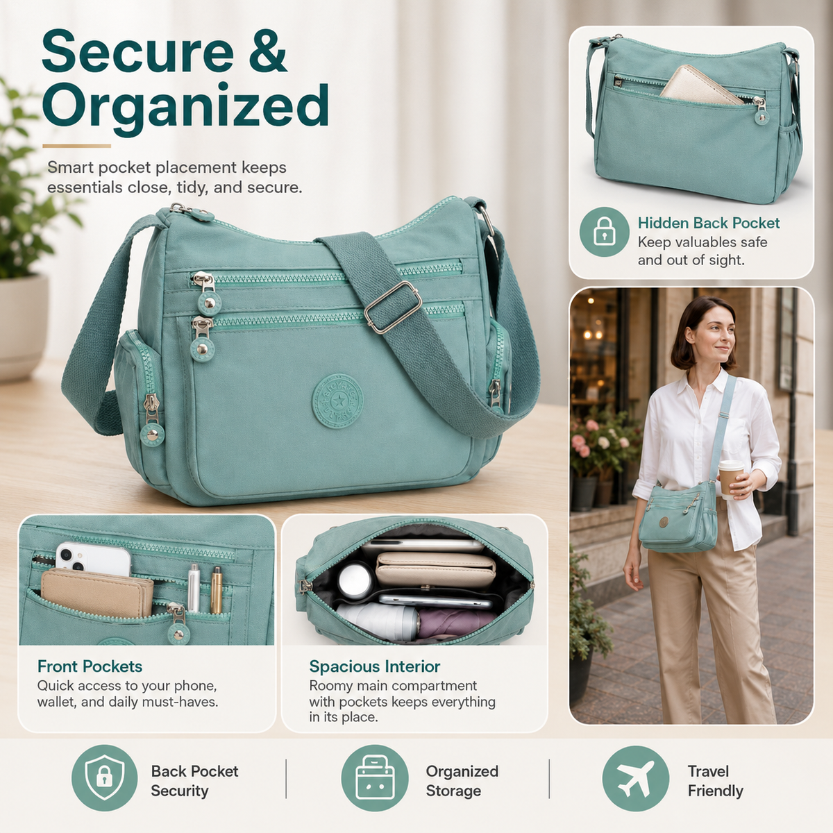Multi-Pocket Crossbody Bag for Women – Lightweight Nylon Campus Shoulder Bag with Anti-Theft Pocket