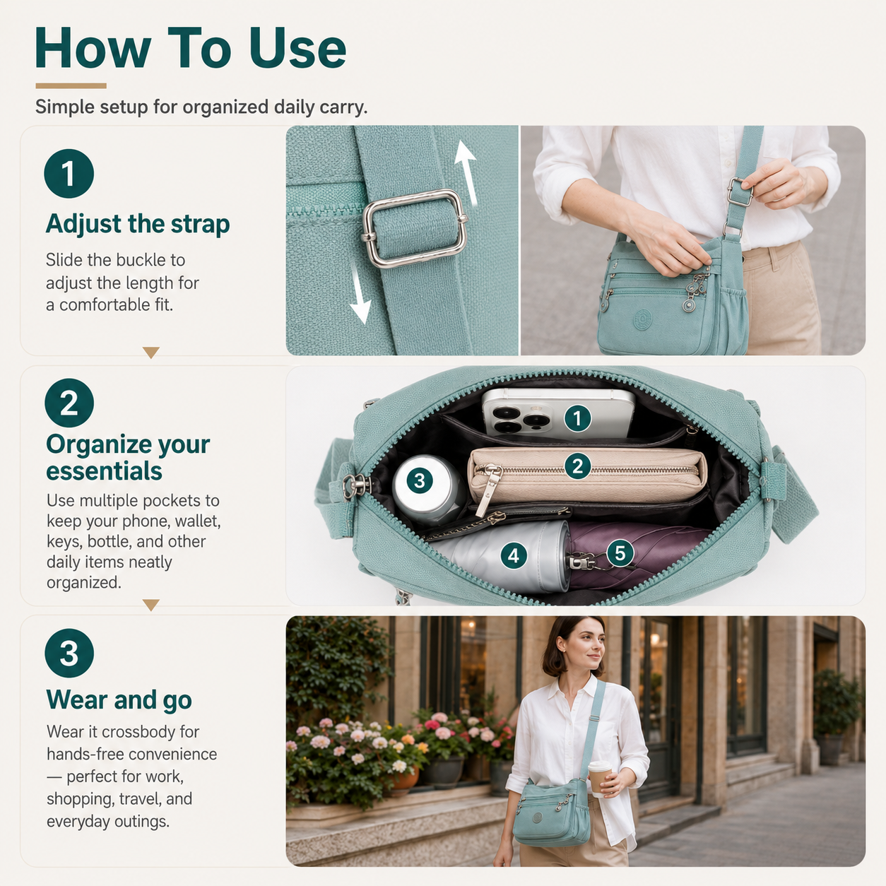 Multi-Pocket Crossbody Bag for Women – Lightweight Nylon Campus Shoulder Bag with Anti-Theft Pocket