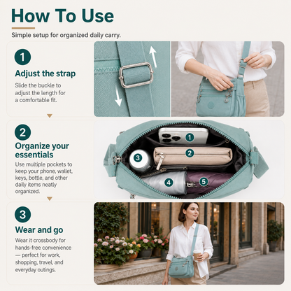 Multi-Pocket Crossbody Bag for Women – Lightweight Nylon Campus Shoulder Bag with Anti-Theft Pocket