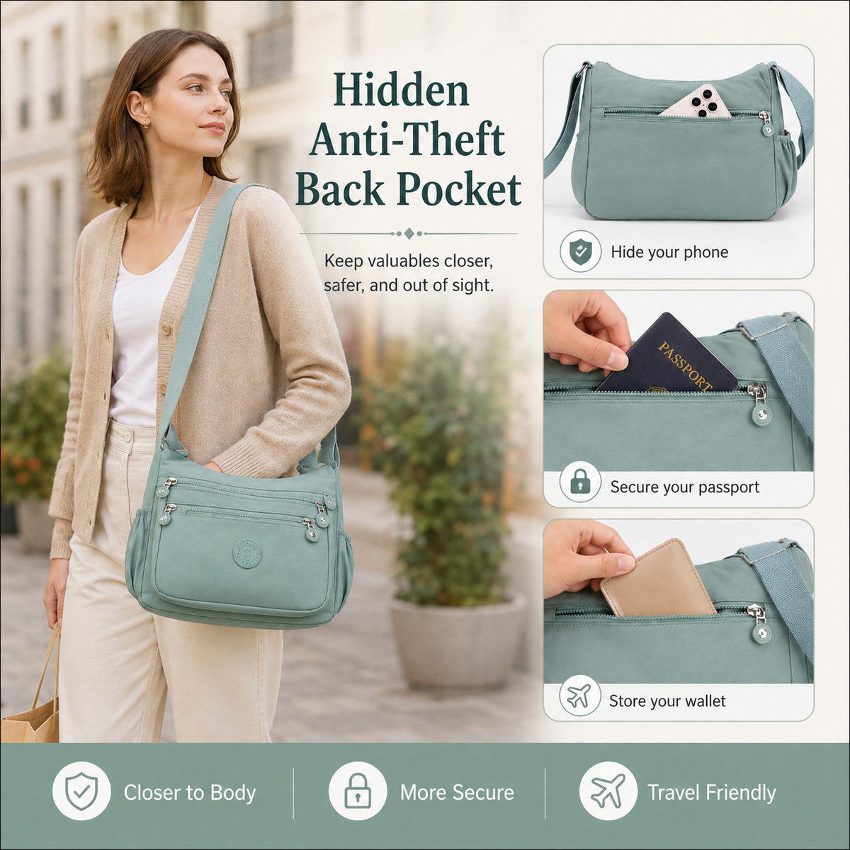 Multi-Pocket Crossbody Bag for Women – Lightweight Nylon Campus Shoulder Bag with Anti-Theft Pocket