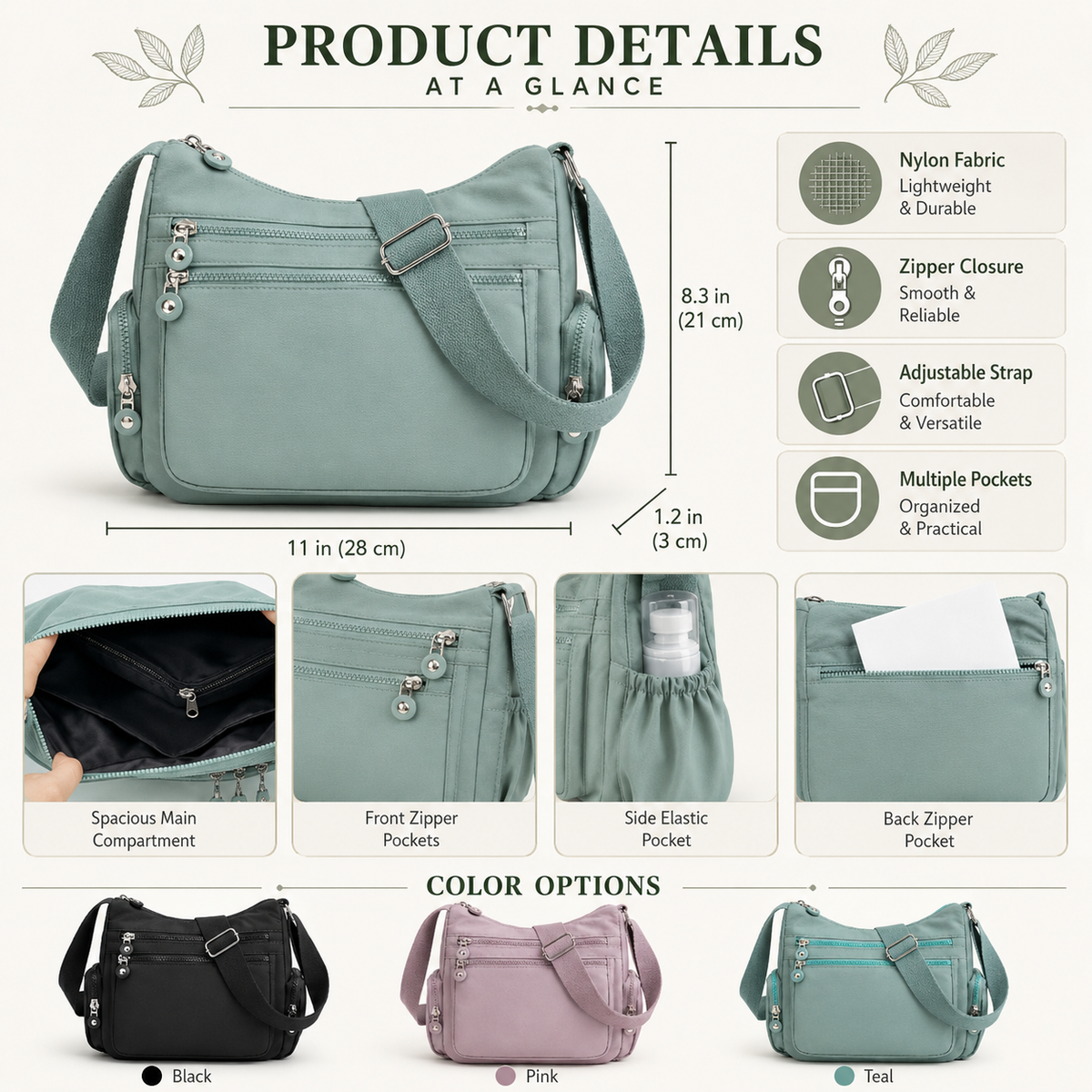 Multi-Pocket Crossbody Bag for Women – Lightweight Nylon Campus Shoulder Bag with Anti-Theft Pocket