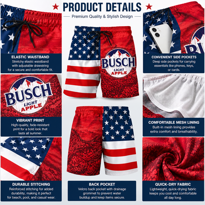 American Flag Pool Party Swimwear, Quick-Dry Red White & Blue Vacation Shorts