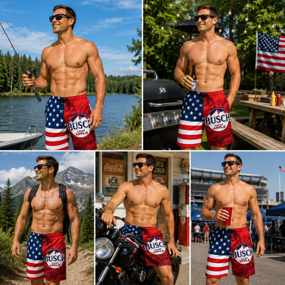 American Flag Pool Party Swimwear, Quick-Dry Red White & Blue Vacation Shorts
