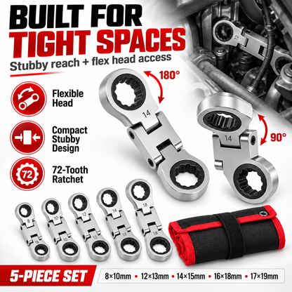 💯🛠️ 5-Piece Stubby Flex Head Ratchet Wrench Set | 72-Tooth Metric Mechanic Tools