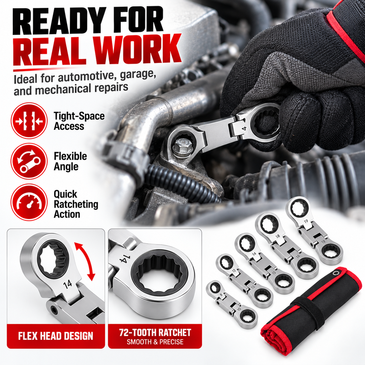 💯🛠️ 5-Piece Stubby Flex Head Ratchet Wrench Set | 72-Tooth Metric Mechanic Tools
