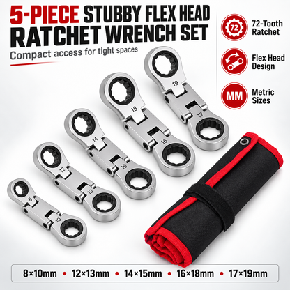 💯🛠️ 5-Piece Stubby Flex Head Ratchet Wrench Set | 72-Tooth Metric Mechanic Tools