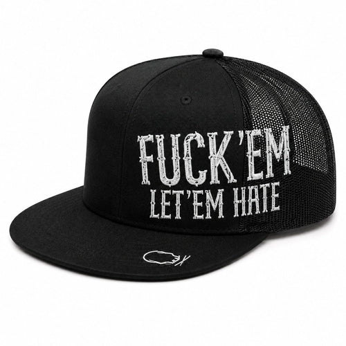 🔥LAST DAY 50% OFF - 😂🛠️"FUCK EM" LET ’EM HATE Black Snapback Hat – Bold Side Print Mesh Trucker Cap, Flat Bill Streetwear Hat for Men & Women🧢