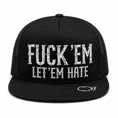🔥LAST DAY 50% OFF - 😂🛠️"FUCK EM" LET ’EM HATE Black Snapback Hat – Bold Side Print Mesh Trucker Cap, Flat Bill Streetwear Hat for Men & Women🧢