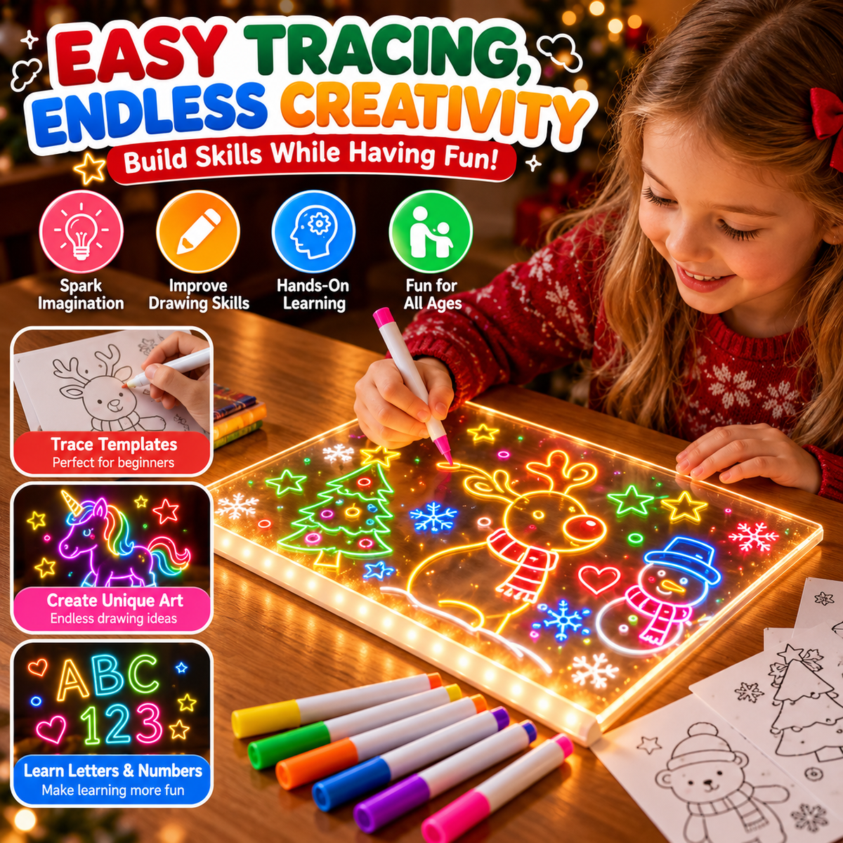 🎨 LED Light-Up Drawing Board for Kids – Reusable Glow Art Kit