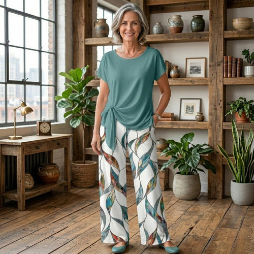 🌸 Women's Casual Printed Shirt & Straight Pants Set