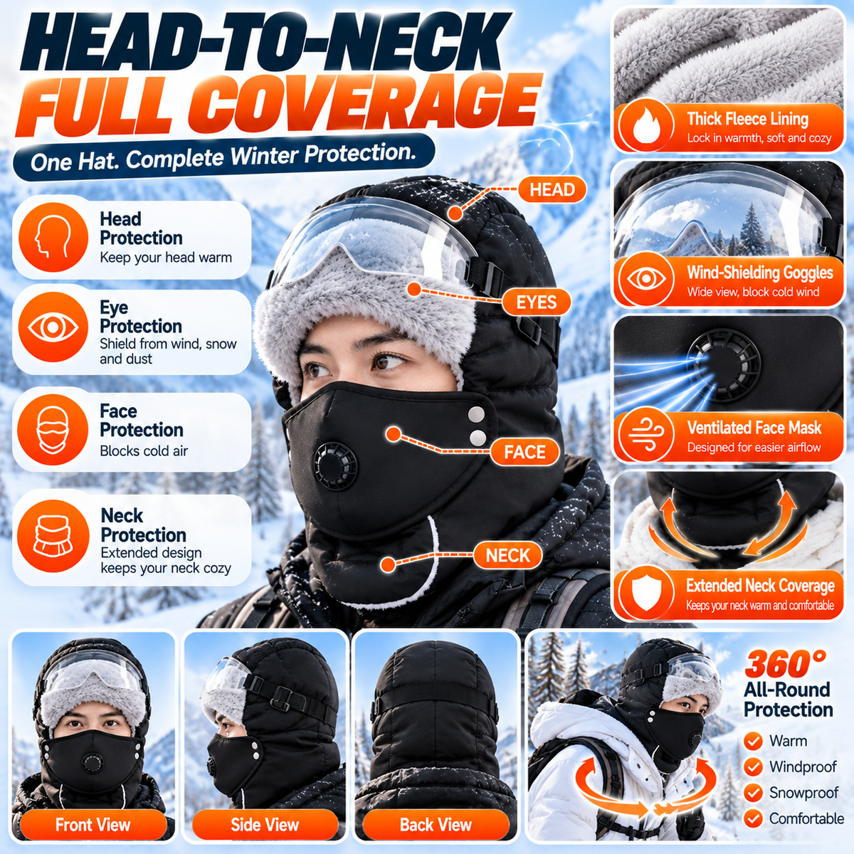 ❄️ Winter Fleece Balaclava Hat with Goggles – Full Face Wind Protection