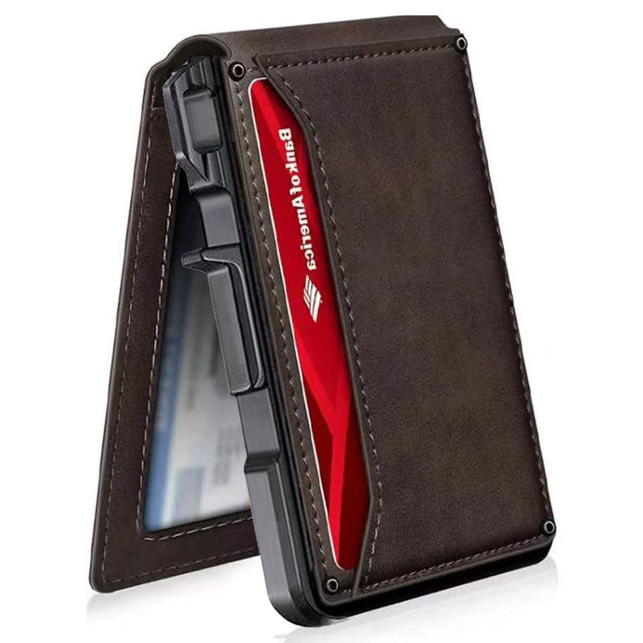 Premium Full-Grain Leather Slim Wallet for Men – 🔒 RFID Blocking Pop-Up Card Case with Money Clip & ID Window