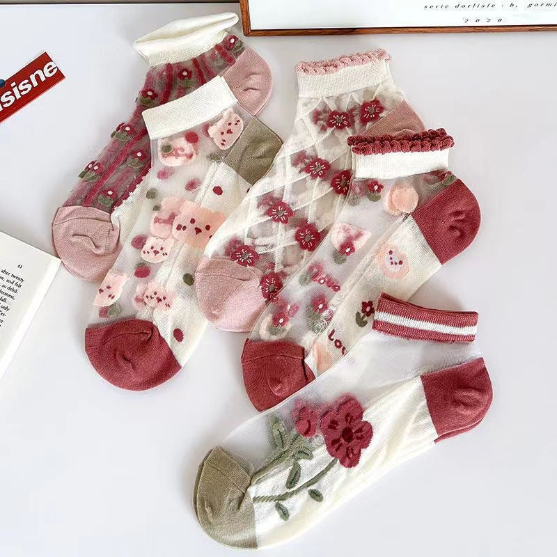 🌸5 Pairs Womens Sheer Floral Mesh Ankle Socks